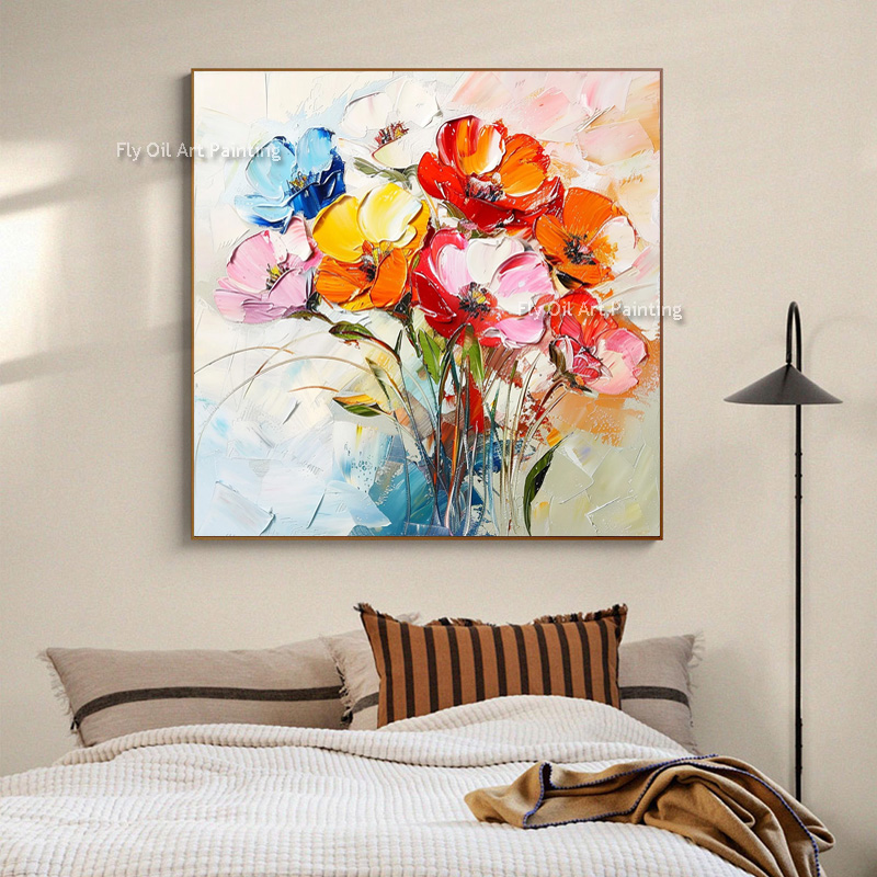 Home Decor Color Palettes - Dickfloriges handgemaltes Mohnblumen-Ölgemälde, farbenfrohe Spachteltechnik, florale