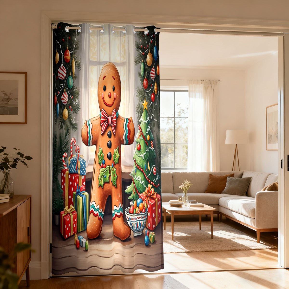 Home Decor Curtain - Weihnachts-Dekorationsvorhang mit Lebkuchenmann-Motiv, Einzelner Schlaufen-Vorhang, Türvorhang