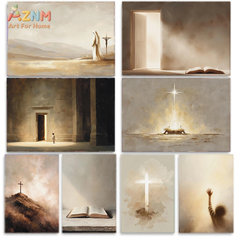 Home Decor Jesus - AZNM Neutrales christliches Kreuz Leinwand-Wandbild Jesus