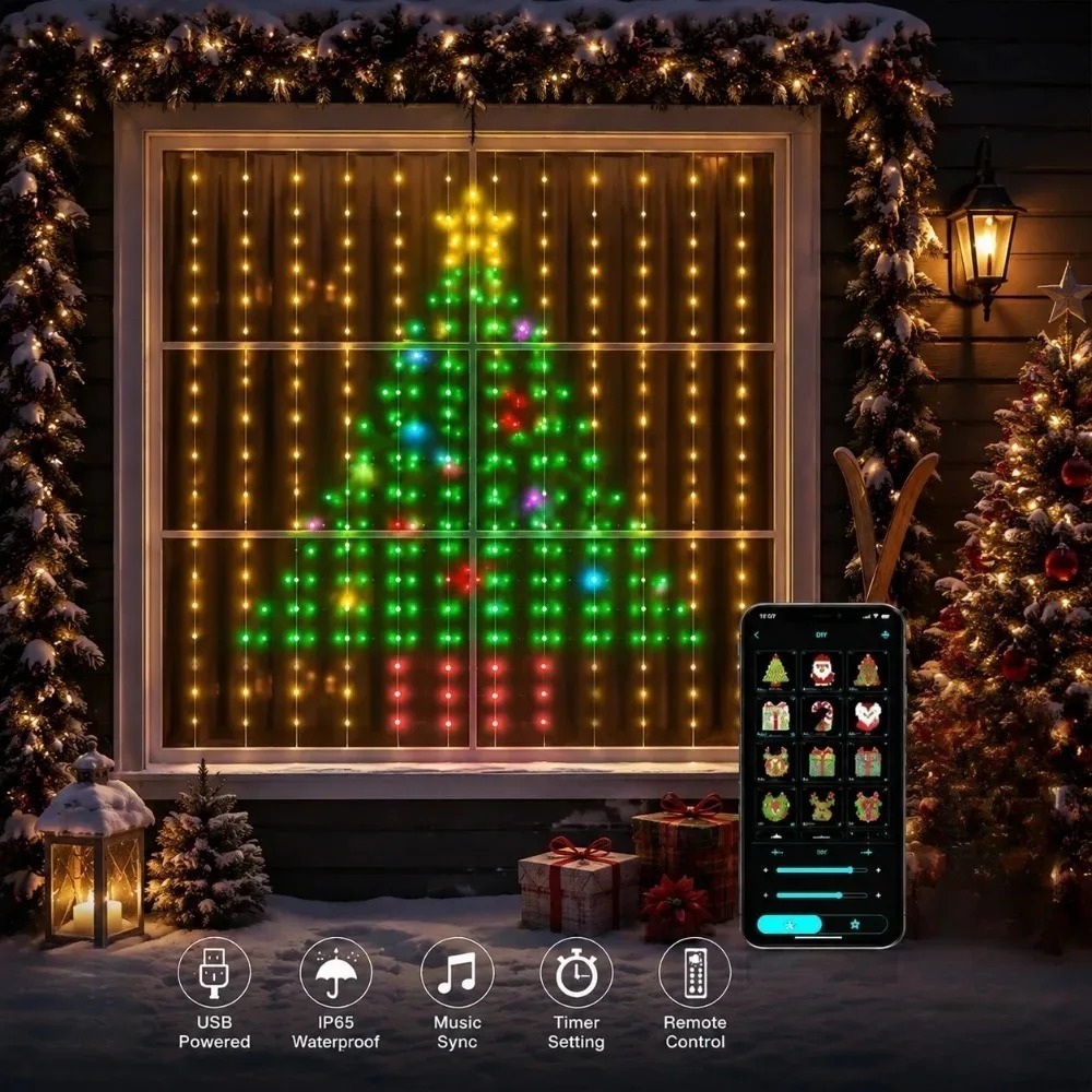 Home Decor Curtain - LED-Pixel-Lichtvorhang mit Bluetooth-App-Steuerung, RGB-Smart-Lichterkette, DIY-Fensterdekoration für