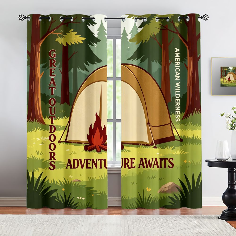 Home Decor Curtain - Camping-Szenen-Druckvorhänge, Rustikale Natur-Wald-Abenteuer Verdunkelungsvorhänge, 2-teilige Dekorative
