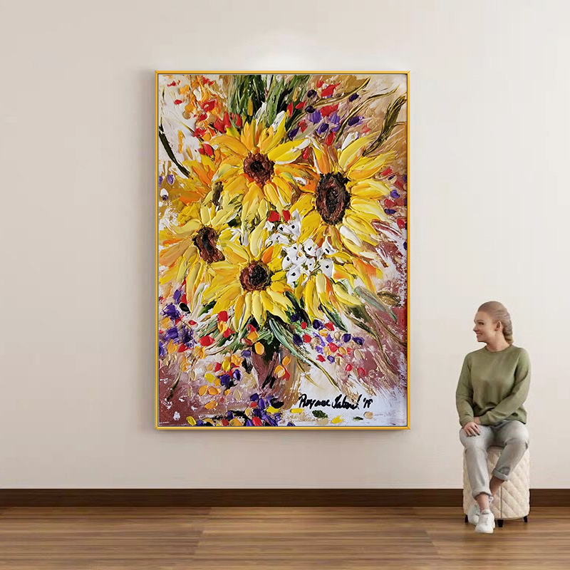 Home Decor Color Palettes - Lebendiges 3D-Impasto-Sonnenblumen-Ölgemälde, handgemaltes Blumen-Leinwandbild mit Spachteltechnik,
