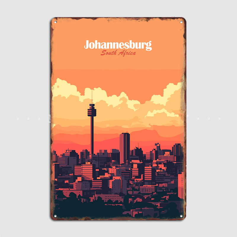 Home Decor Johannesburg - Johannesburg Skyline Reise-Szenerie-Poster Retro Garage Club