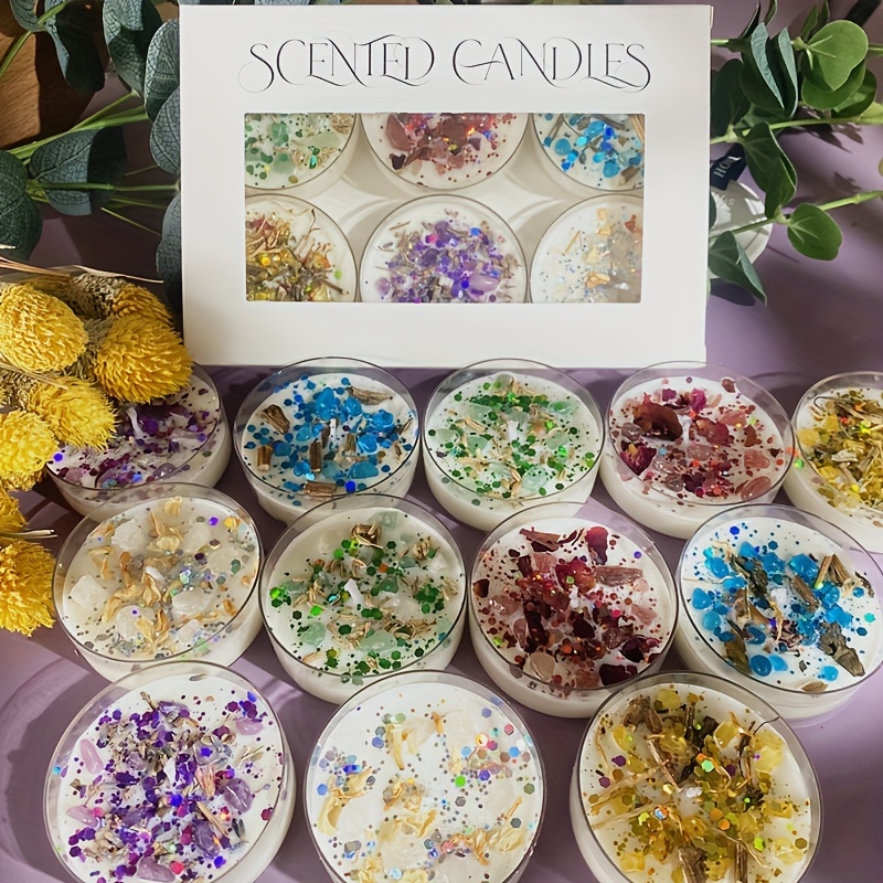 Scented Candle Set - 6er-Set Duftkerzen, Duftkristallstein, getrocknete Blumen, Duftkerze,