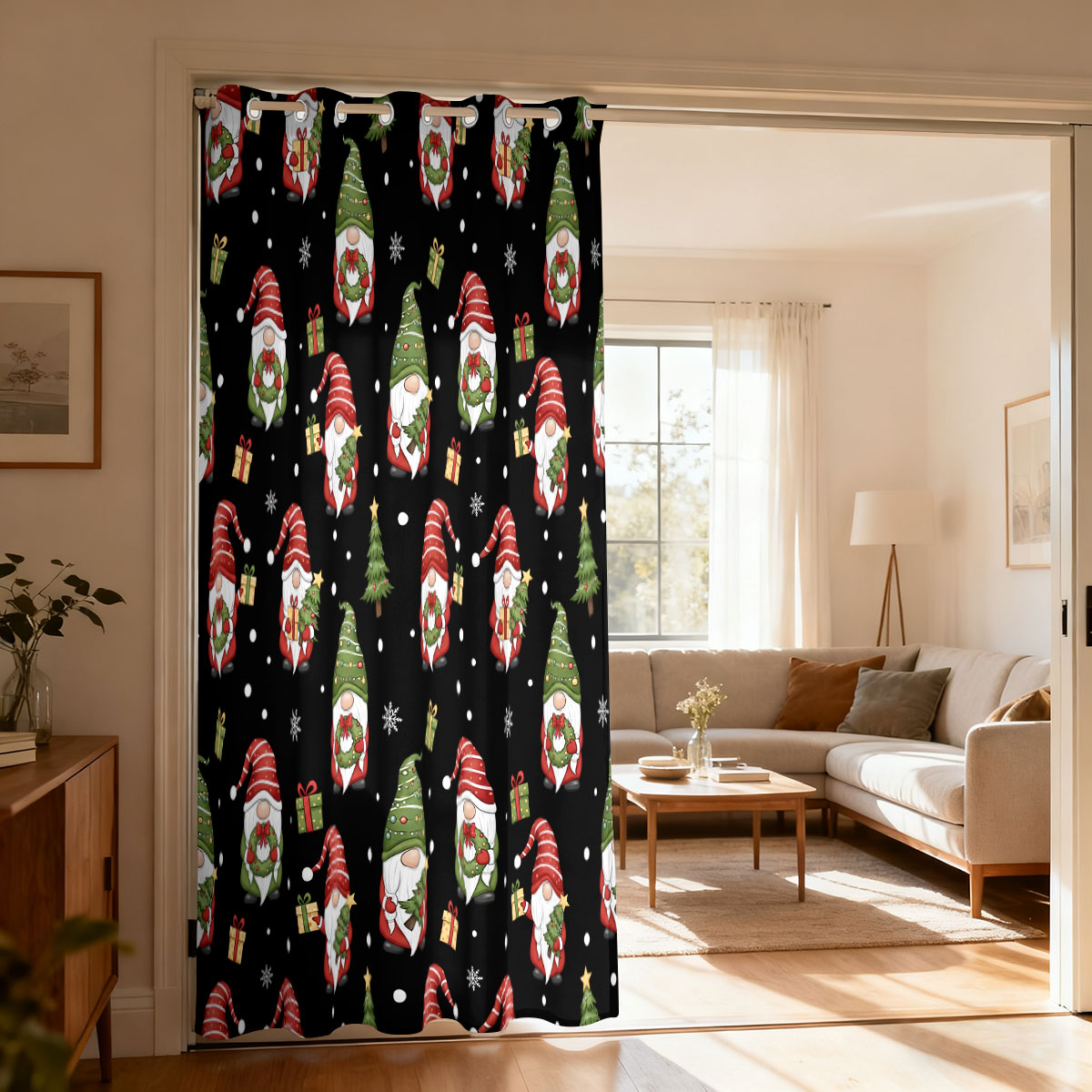 Home Decor Curtain - Weihnachtswichtel Weihnachtsbaum Geschenk-Druck Einzelner Schleifenvorhang, Türvorhang